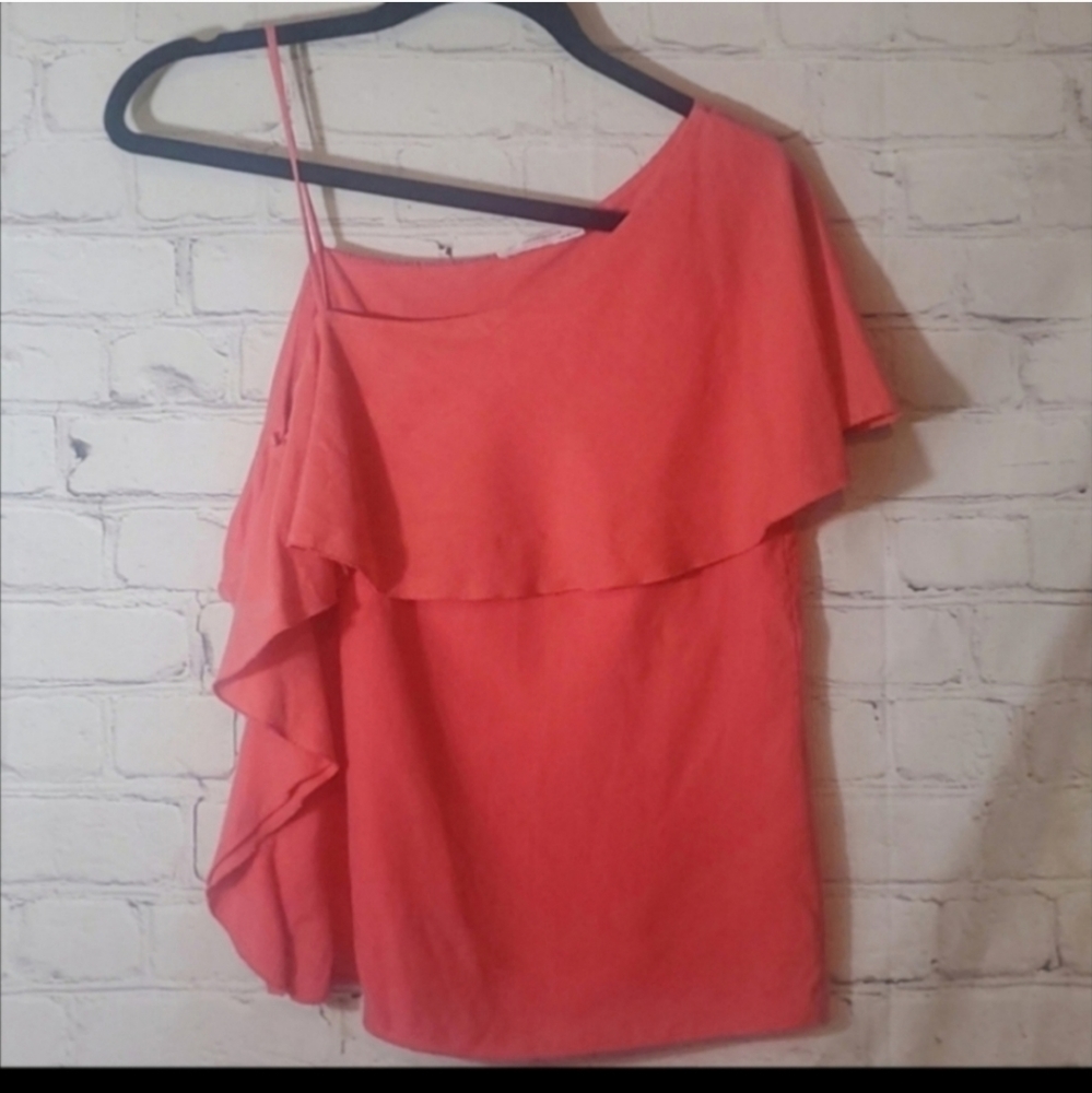 Zara W & B Collection One Shoulder Sleeveless Coral Ruffle Top
